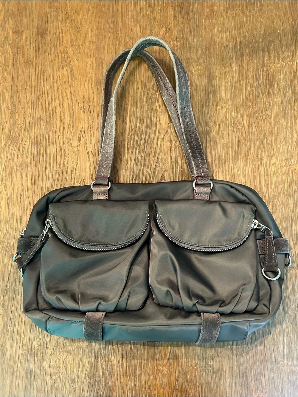 MZ Wallace Charcoal Nylon Shoulder Bag with Dual Front Pockets
